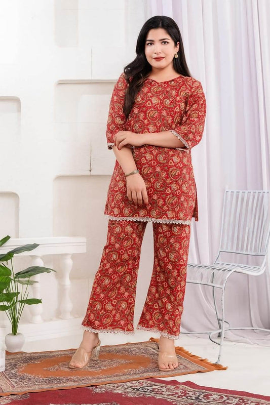 Red Printed Cotton Cord Set. - CandiRobes