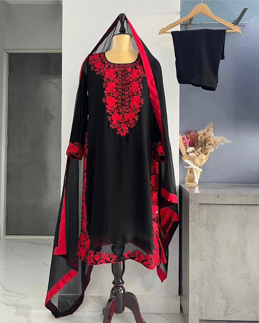 Saiyaara Red & Black Embroidery Kurti Pant Dupatta Set
