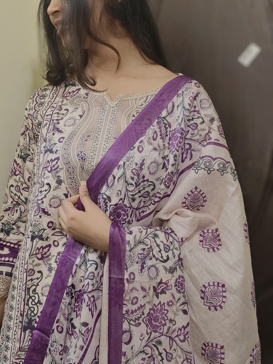 Lavender Cream Digital Print Kurti Pant Dupatta Set