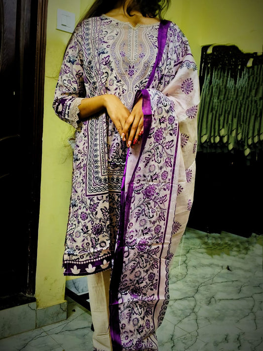Lavender Cream Digital Print Kurti Pant Dupatta Set