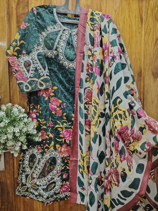 Noor-E-Green Floral Embroidered Kurti Pant Dupatta Set