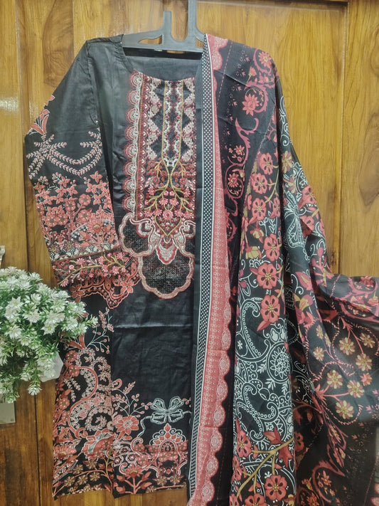 Black & Red Embroidery Kurti Pant Dupatta Set