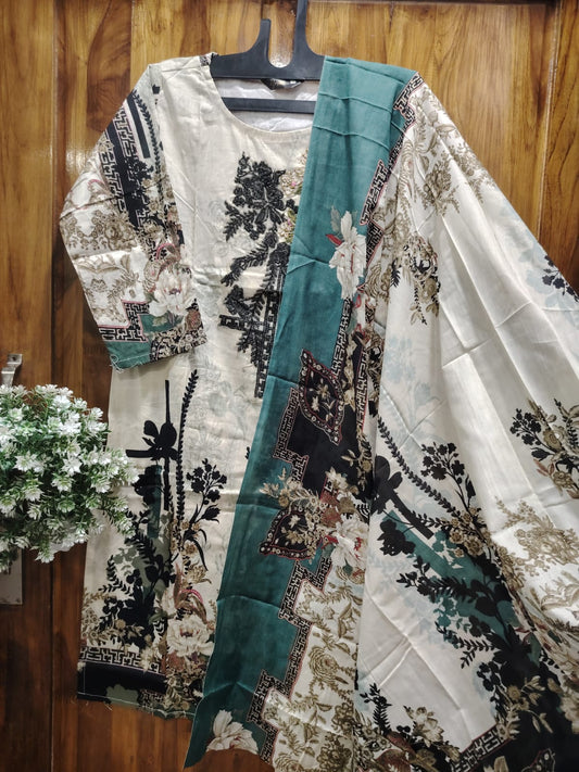 Cream & Black Embroidery Kurti Pant Dupatta Set