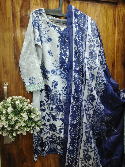 White Blue Digital Print Kurti Pant Dupatta Set