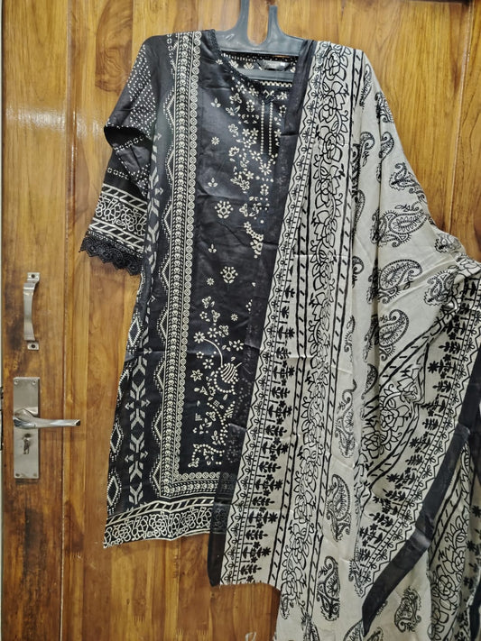 Black Digital Print Kurti Pant Dupatta Set