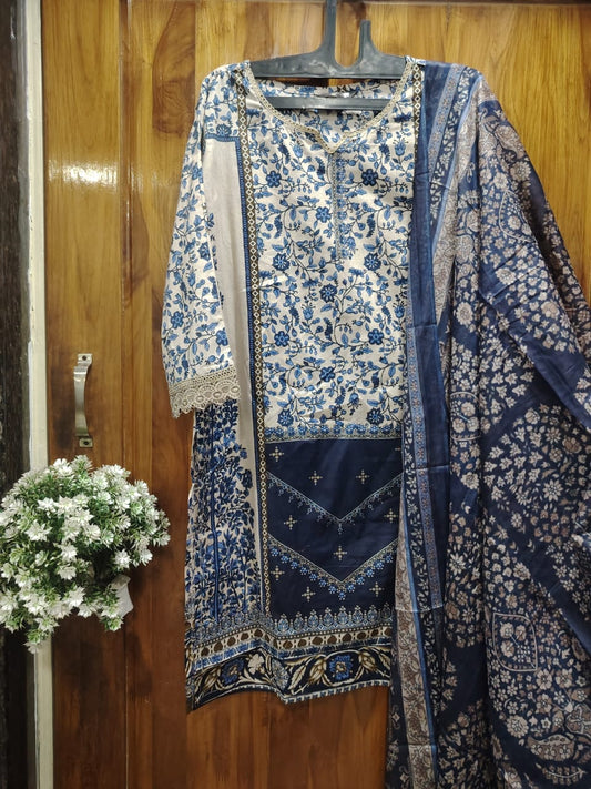 Cream & Blue Digital Print Kurti Pant Dupatta Set