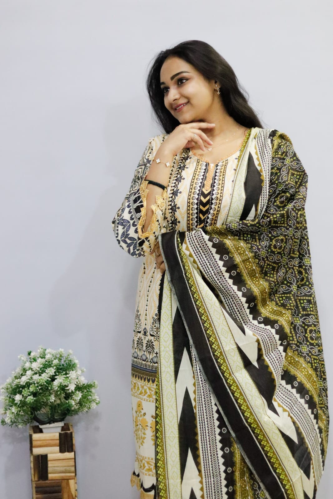 cream yellow digital printed cotton kurti pant Dupatta  set
