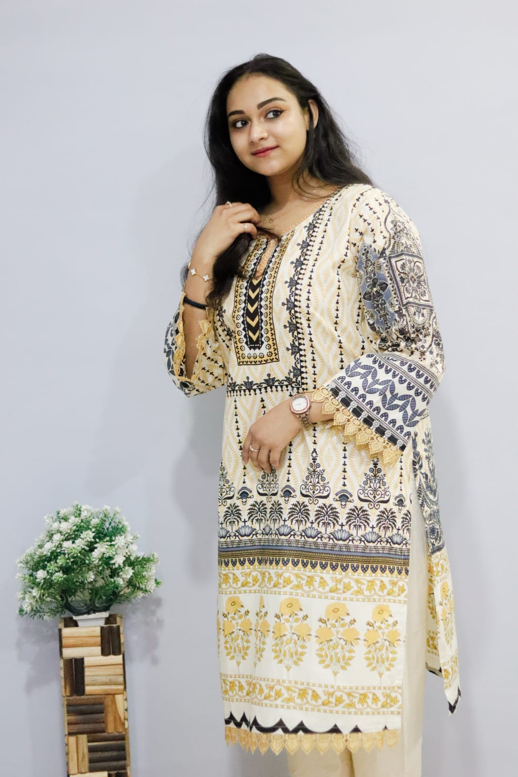 cream yellow digital printed cotton kurti pant Dupatta  set