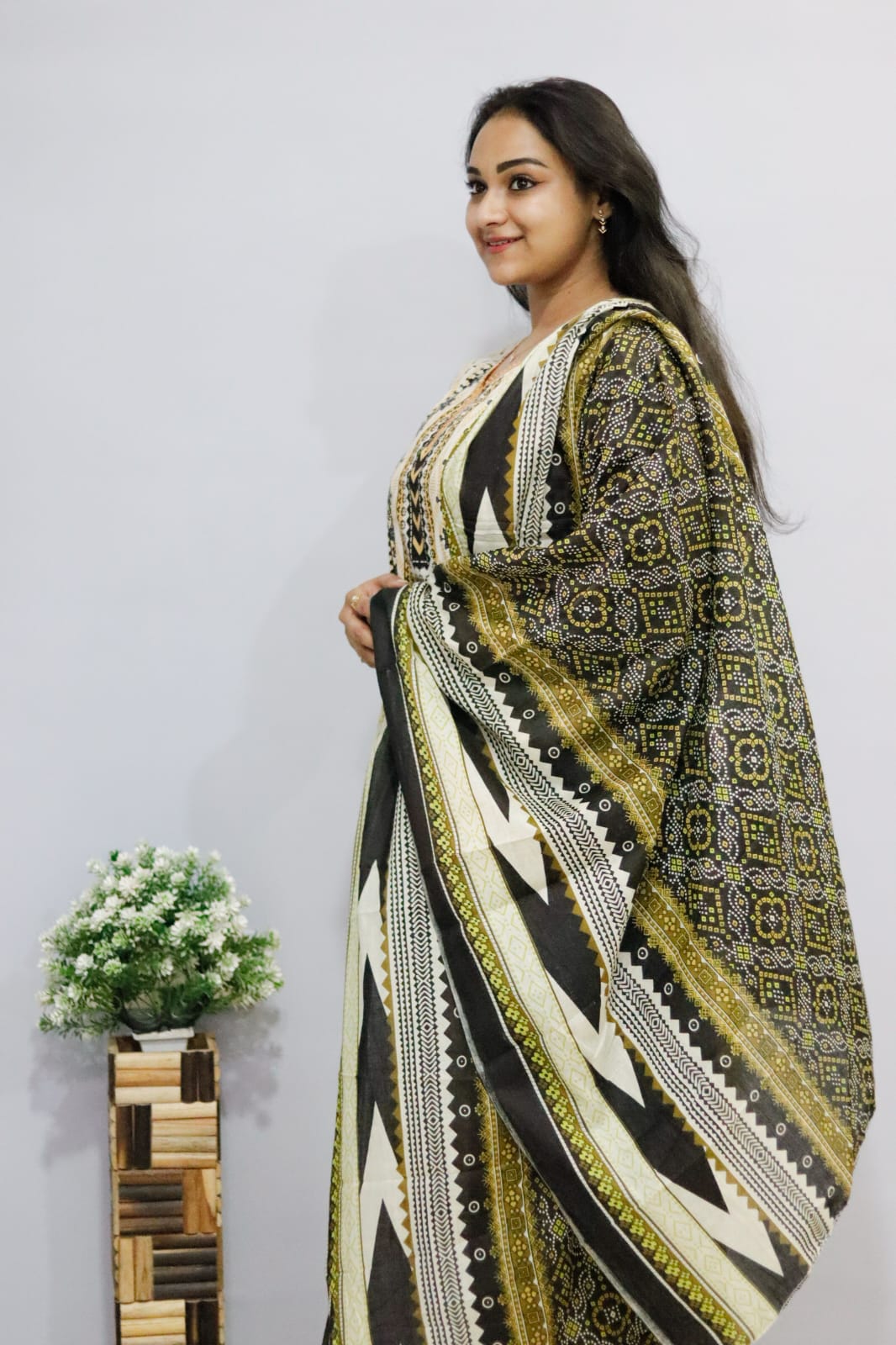 cream yellow digital printed cotton kurti pant Dupatta  set