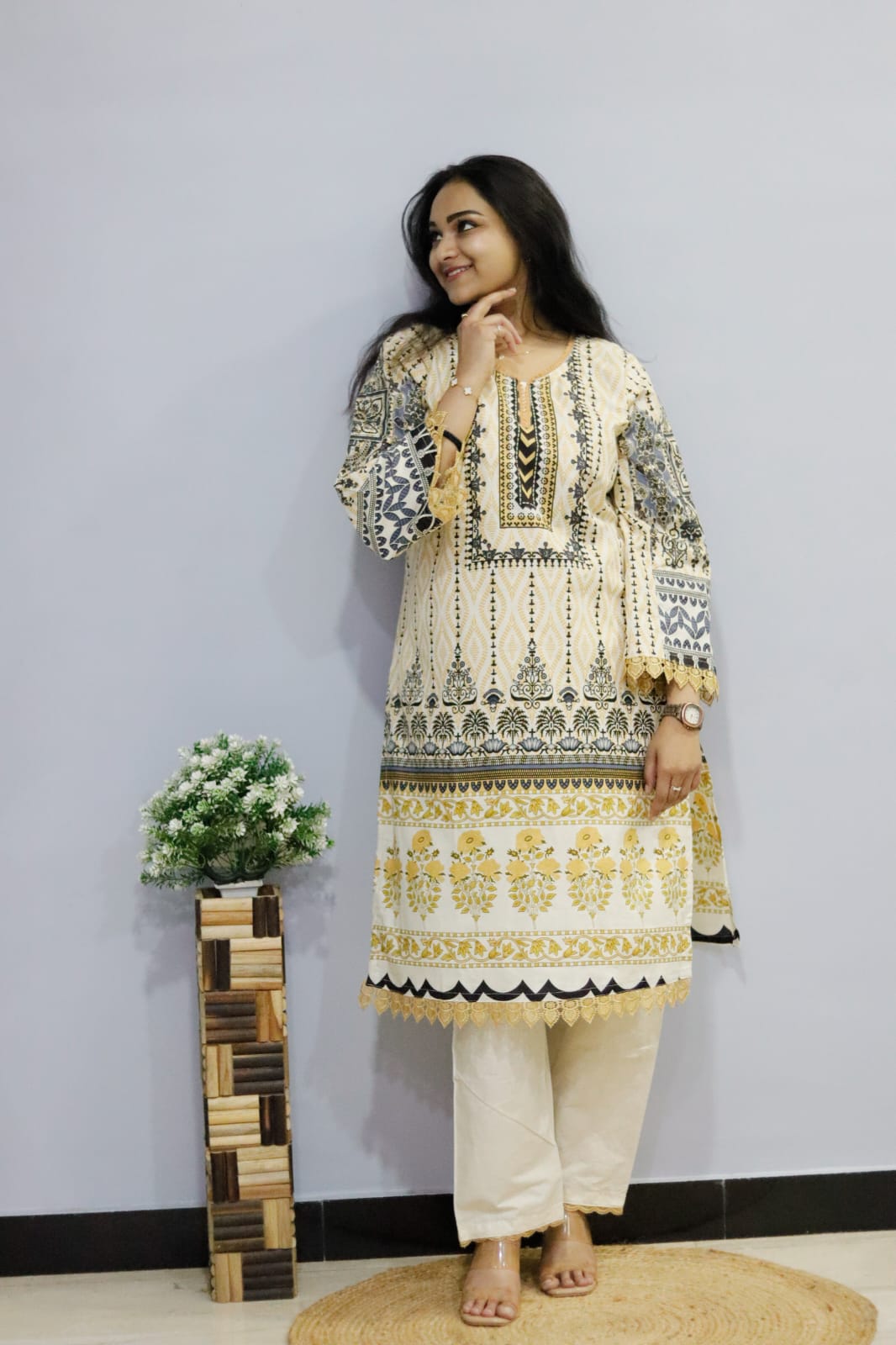 cream yellow digital printed cotton kurti pant Dupatta  set