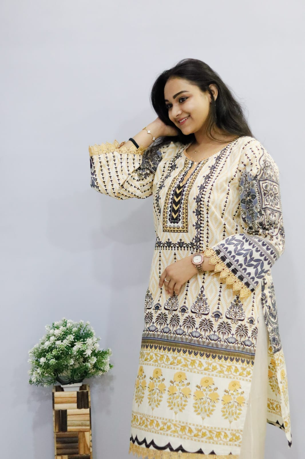 cream yellow digital printed cotton kurti pant Dupatta  set