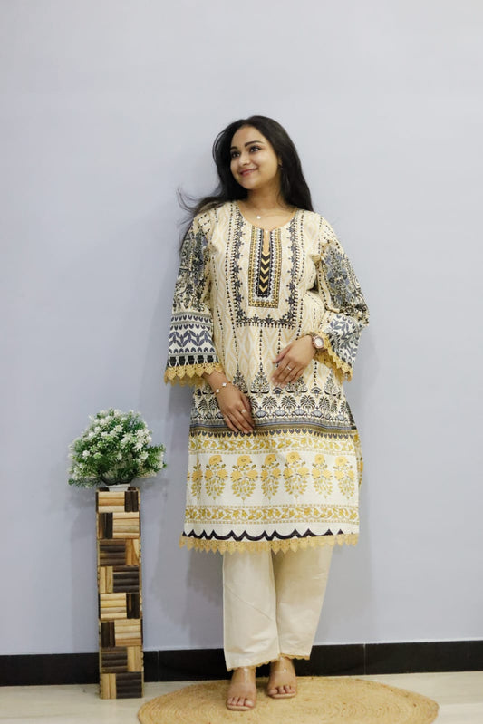 cream yellow digital printed cotton kurti pant Dupatta  set