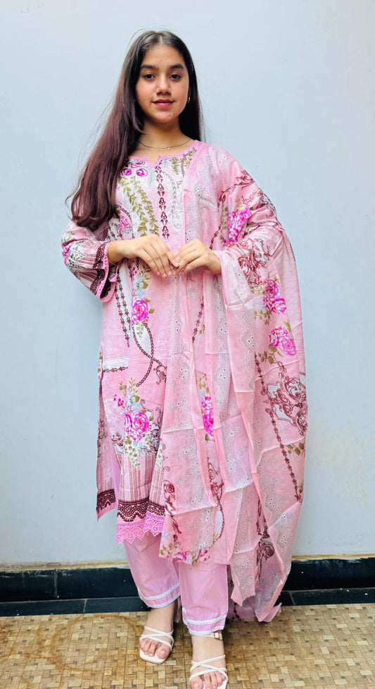 Pink Digital Print Kurti Pant Dupatta Set,