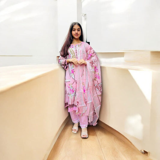 Pink Digital Print Kurti Pant Dupatta Set,