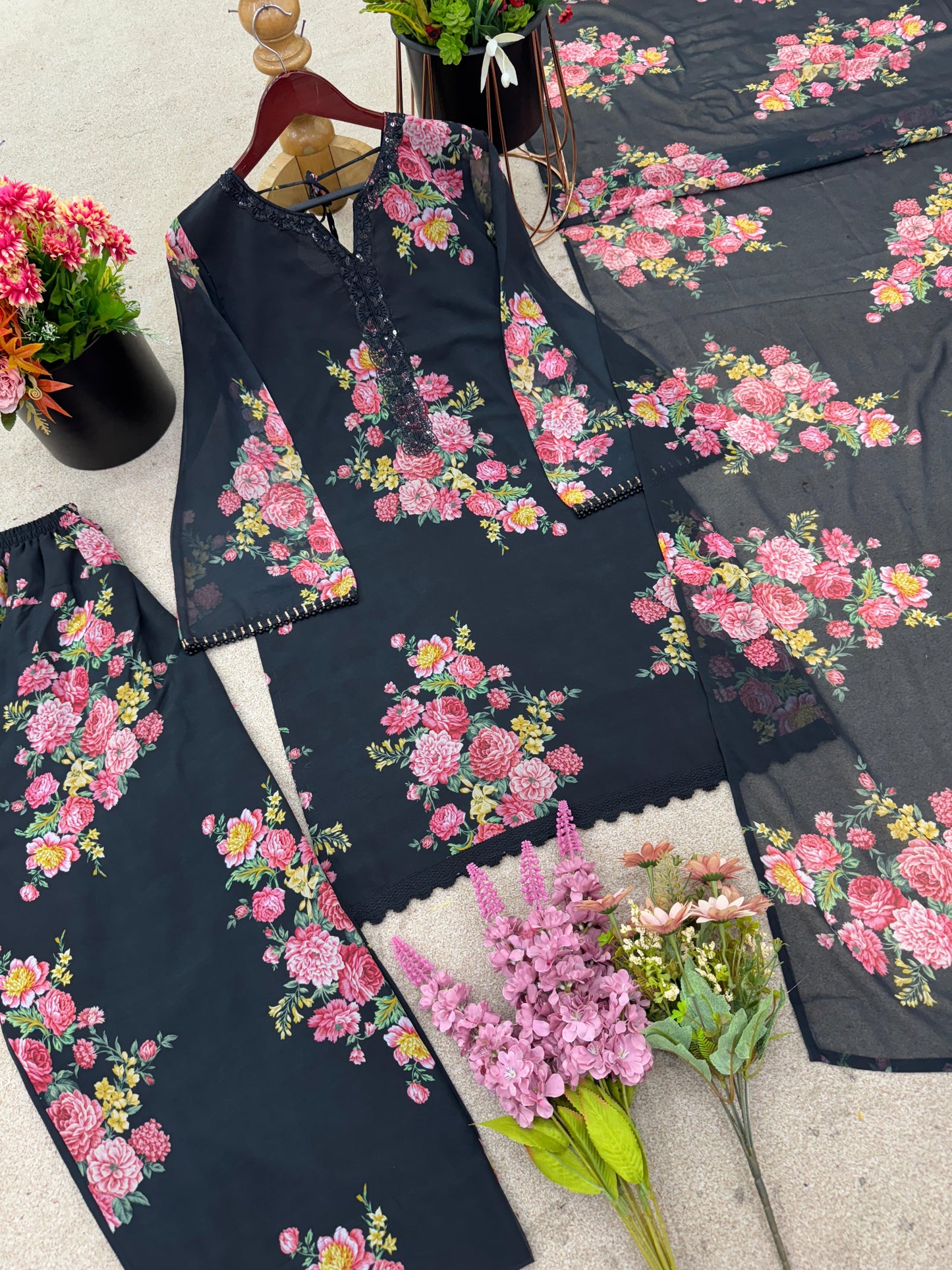 Black Floral Georgette Farsi Salwar suit Dupatta Set