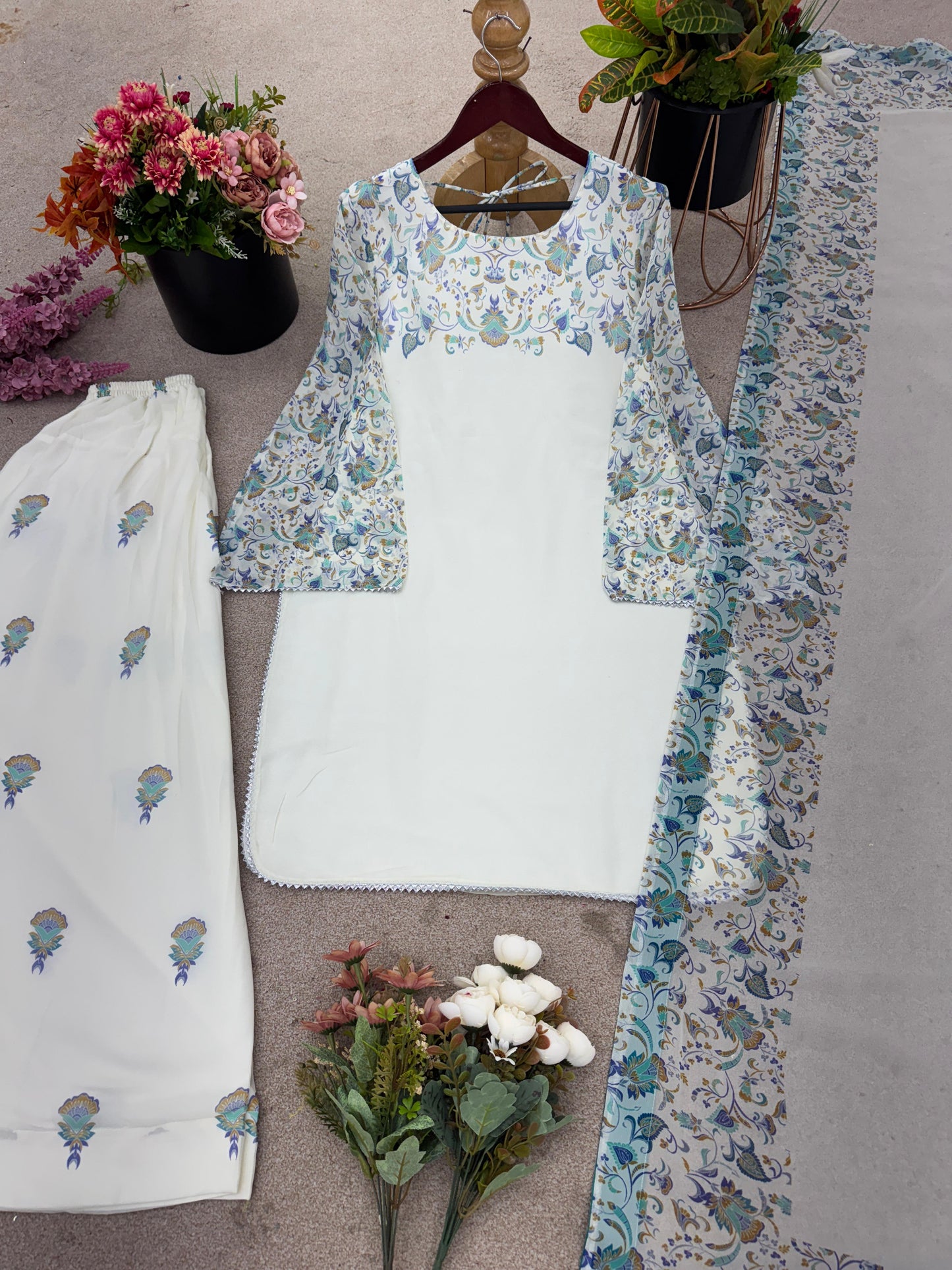 White Blue Printed Georgette  Farsi Salwar Suit Dupatta Set