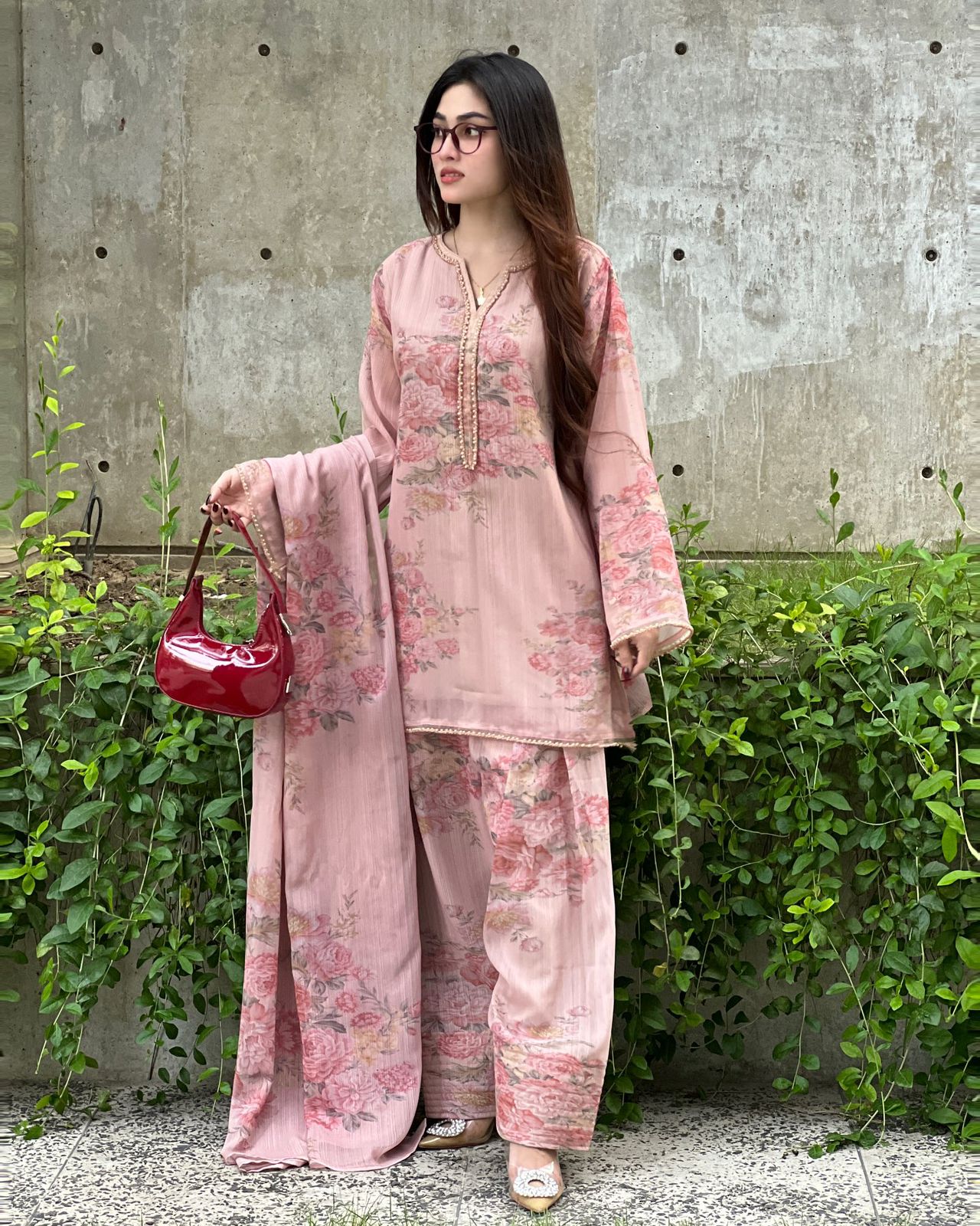 Pink Floral Georgette Farsi Salwar Dupatta Set