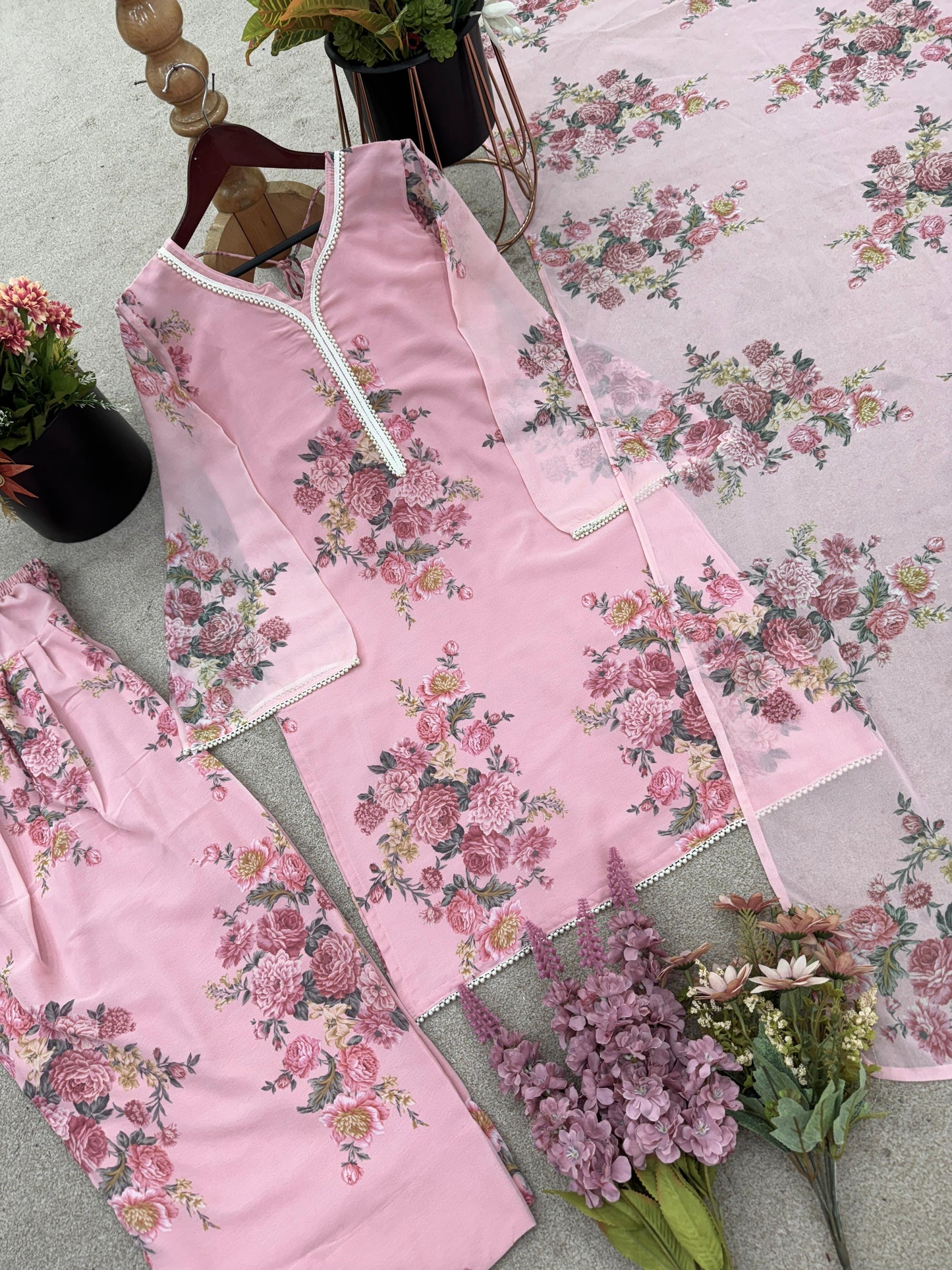 Pink Floral Georgette Farsi Salwar Dupatta Set