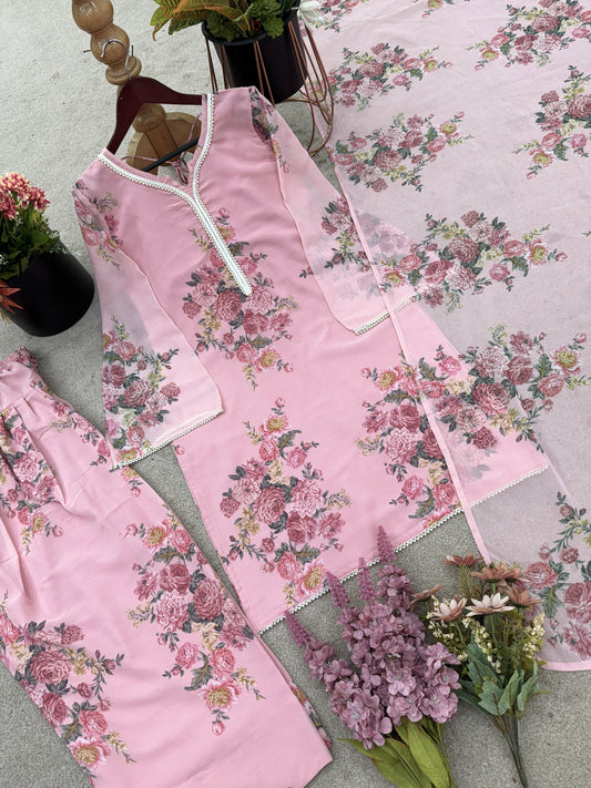 Pink Floral Georgette Farsi Salwar Dupatta Set