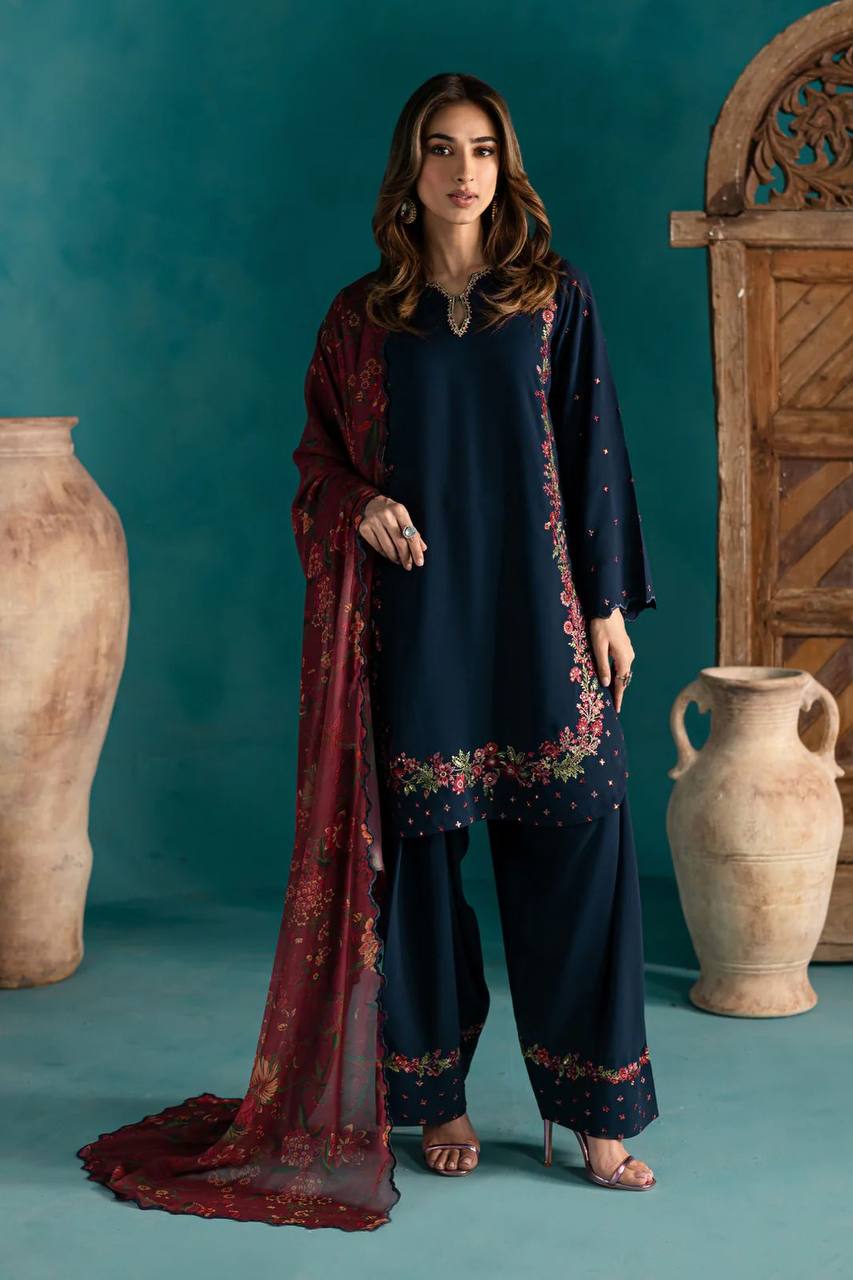 Navy Blue Floral Embroidered Farsi Salwar Suit
