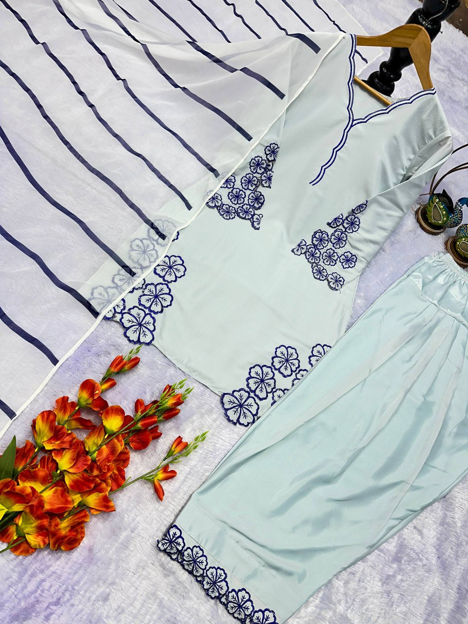 White & Blue Floral Embroidered  Farsi Salwar Suit