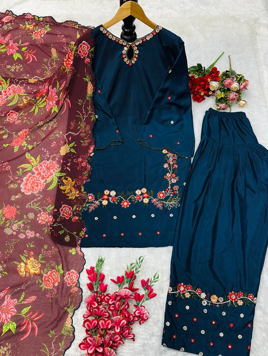Navy Blue Floral Embroidered Farsi Salwar Suit