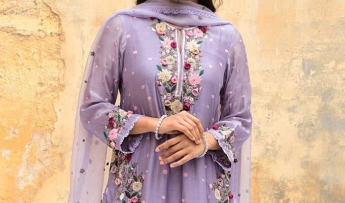Lavender Georgette Embroidered Kurti Pant dupatta Set