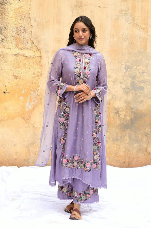 Lavender Georgette Embroidered Kurti Pant dupatta Set
