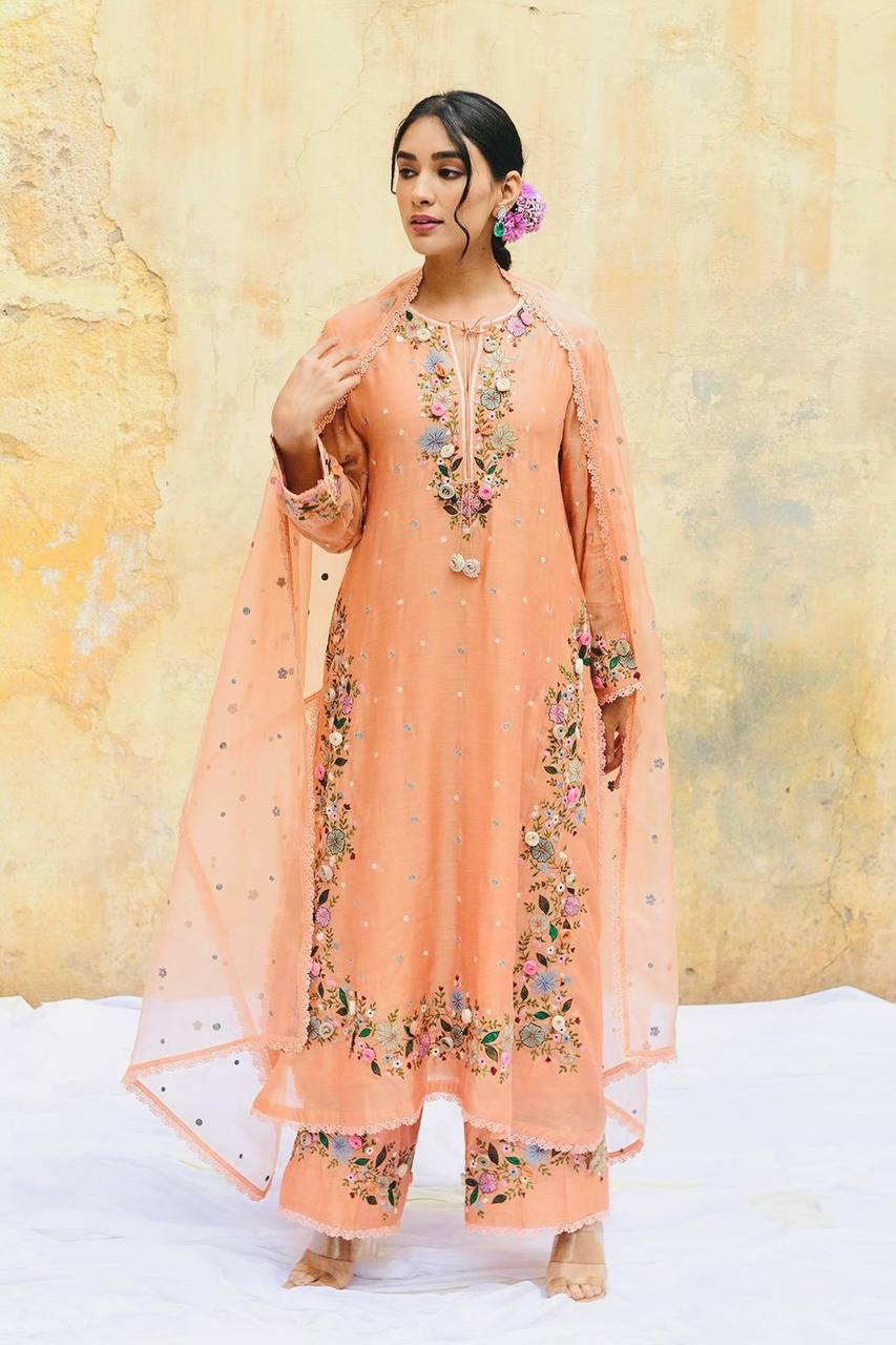 Peach Georgette Embroidered Kurti pant & Dupatta set