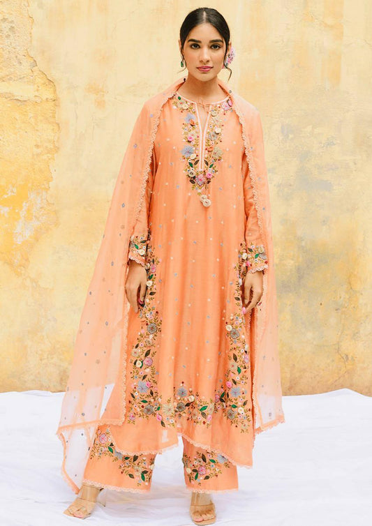 Peach Georgette Embroidered Kurti pant & Dupatta set