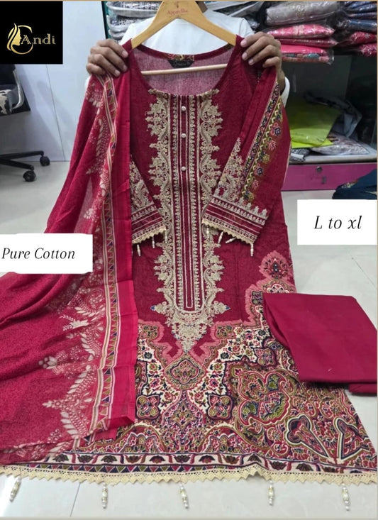 Ruby Red Heavy Embroidery Cotton Suit Set