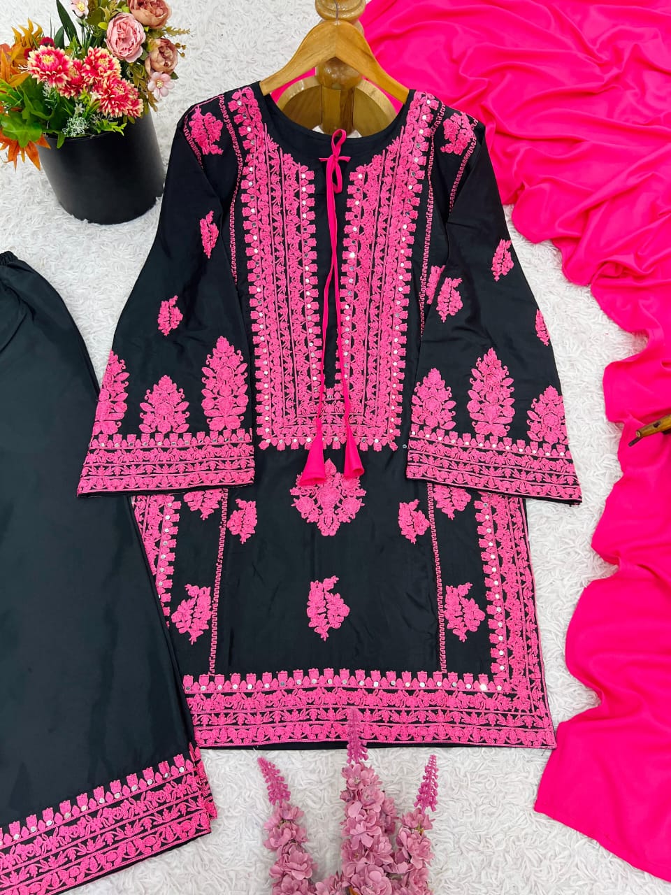Black Pink Heavy Embroidered  Farsi Salwar Dupatta Set