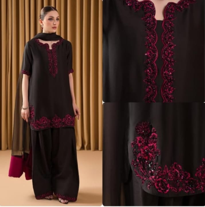 Black Pink Embroidered Georgette  Farsi Salwar Dupatta Set