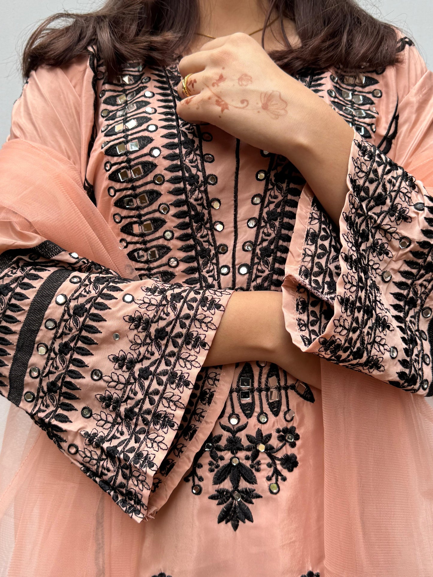 Peach Black Embroidered Farsi Salwar Suit