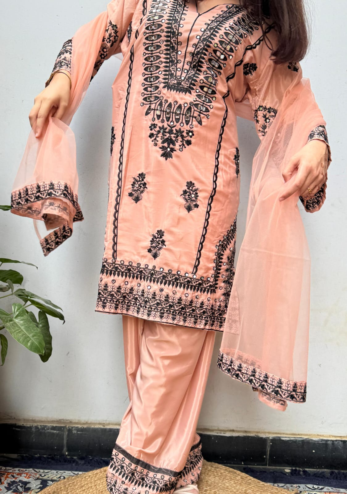 Peach Black Embroidered Farsi Salwar Suit