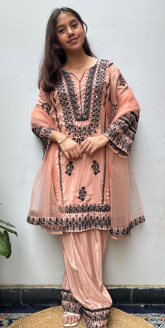 Peach Black Embroidered Farsi Salwar Suit