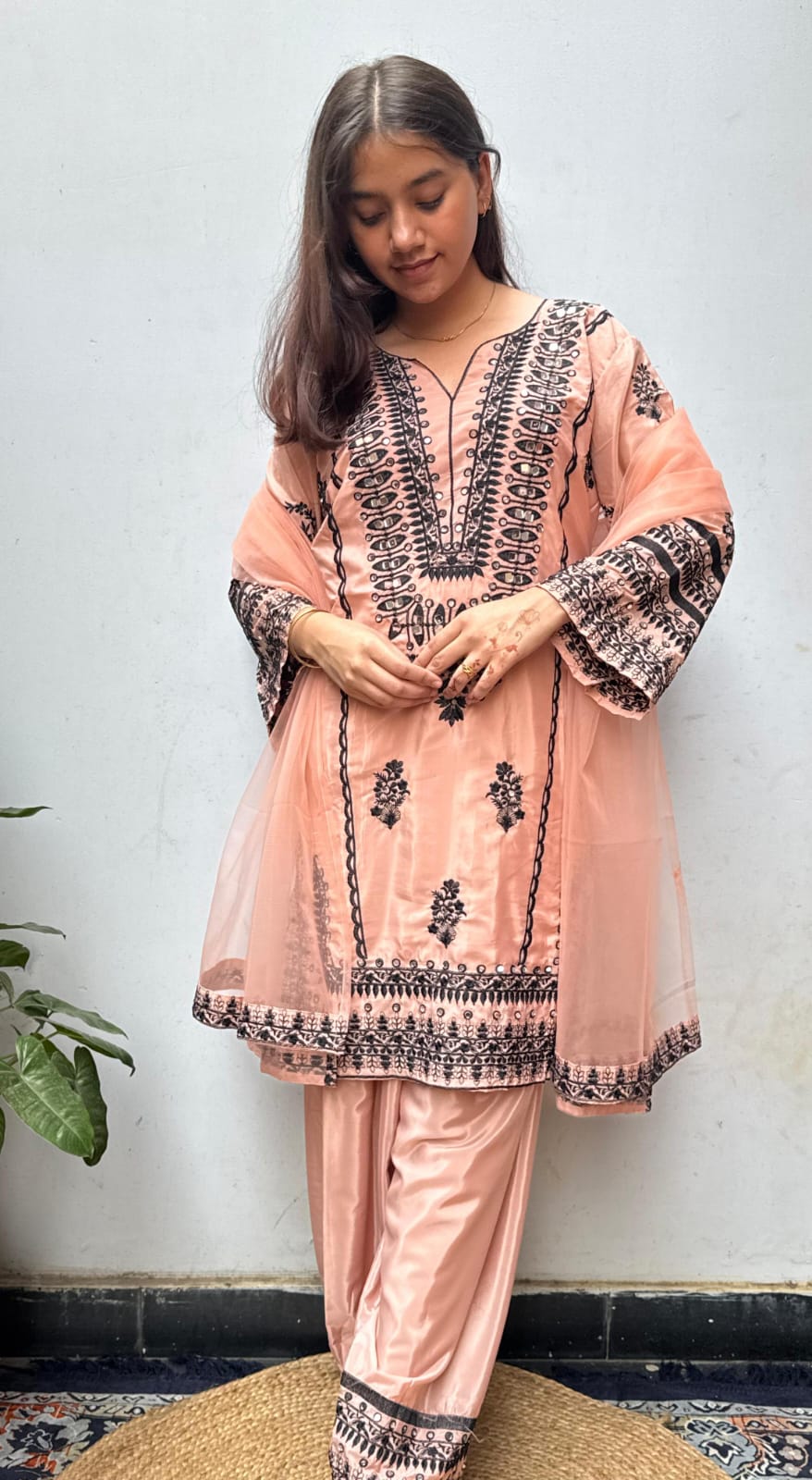 Peach Black Embroidered Farsi Salwar Suit