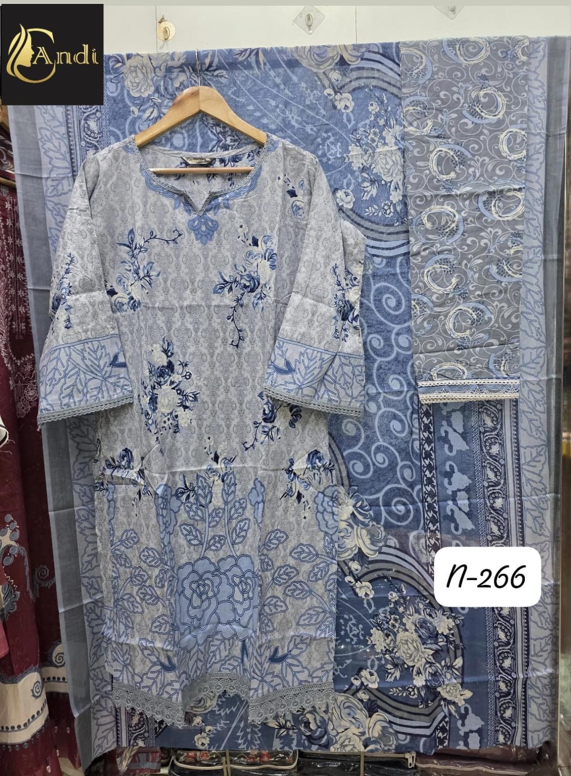 Steel Blue Floral Cotton Printed Suit Set