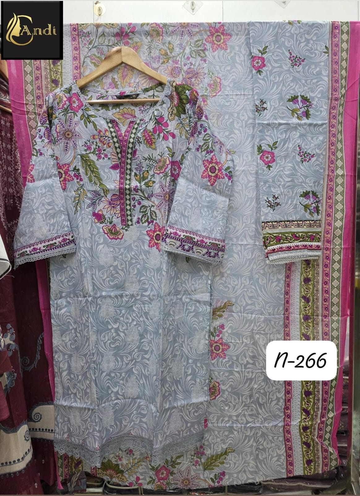 Misty Grey Floral Cotton Printed Suit Set