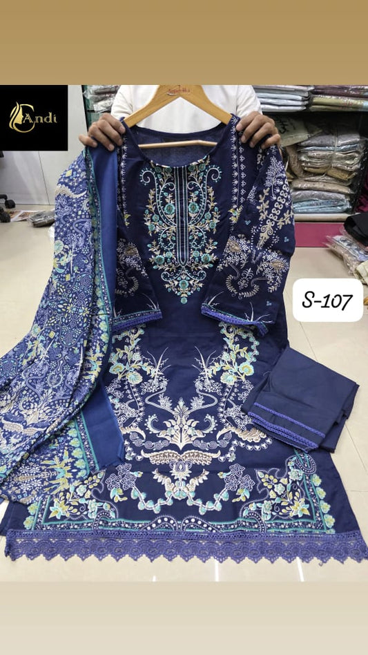 Navy Blue  Cotton Embroidered Cotton Dupatta Set
