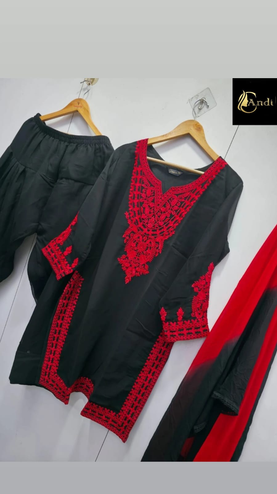 Saiyara Red–Black Georgette Farshi Salwar Dupatta Set