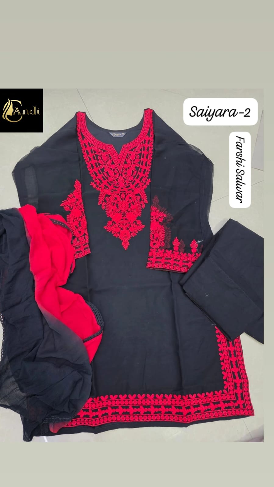 Saiyara Red–Black Georgette Farshi Salwar Dupatta Set