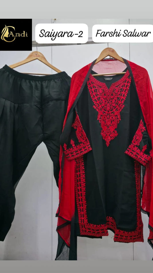 Saiyara Red–Black Georgette Farshi Salwar Dupatta Set