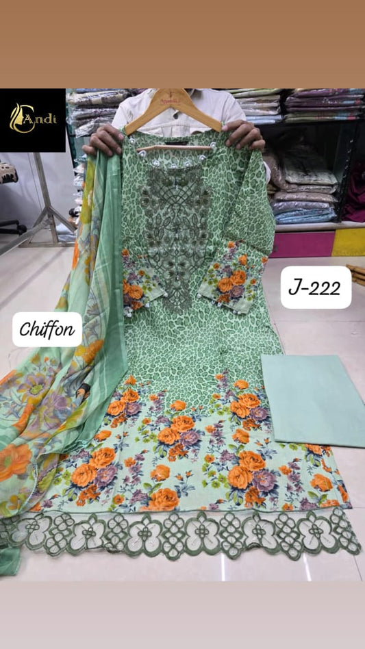 Green Embroidered Pakistani Lawn Suit with Chiffon Dupatta