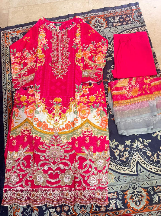 Pink Embroidered Pakistani Lawn Suit with Chiffon Dupatta