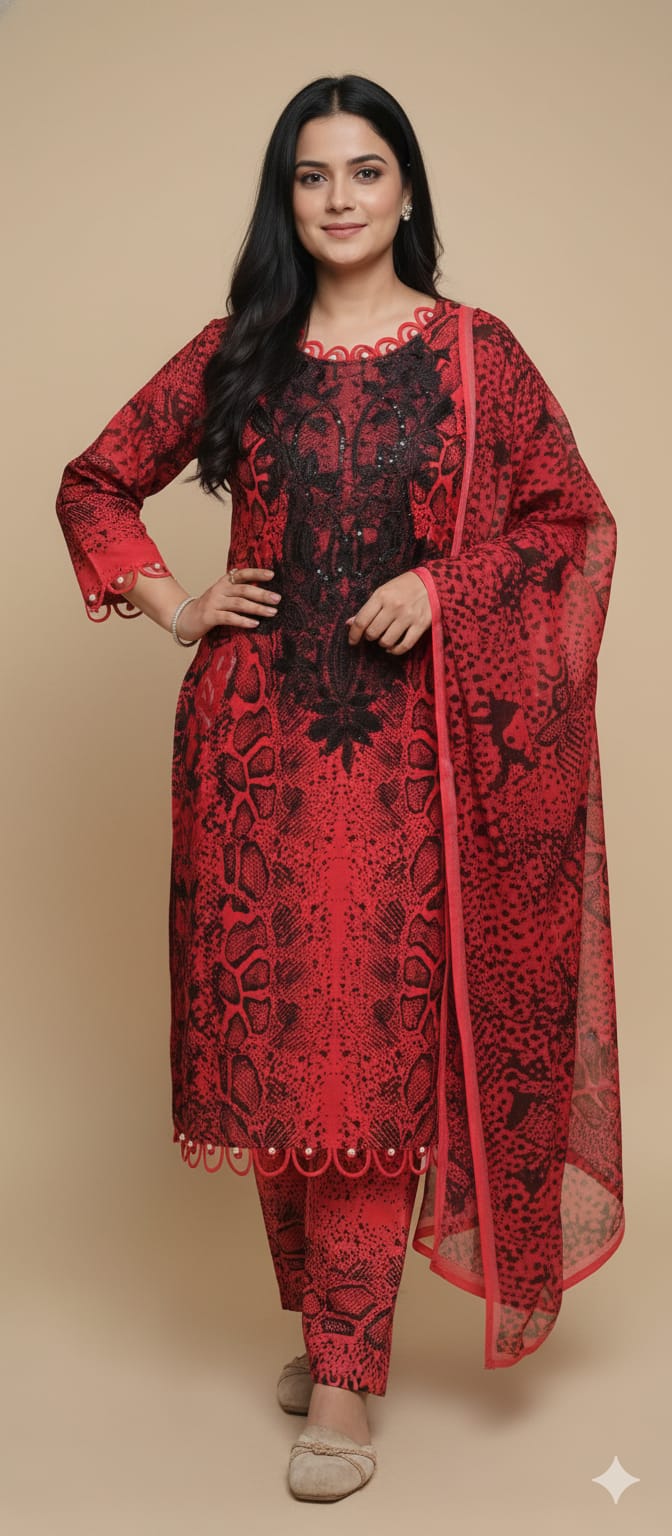 JAZMIN Heavy Patch Work Suit –red animal Design
