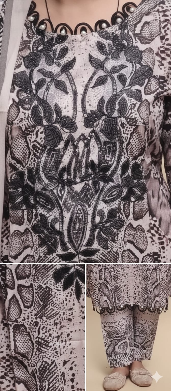 brown patch work pakistani digital peint kurti pant dupatta set