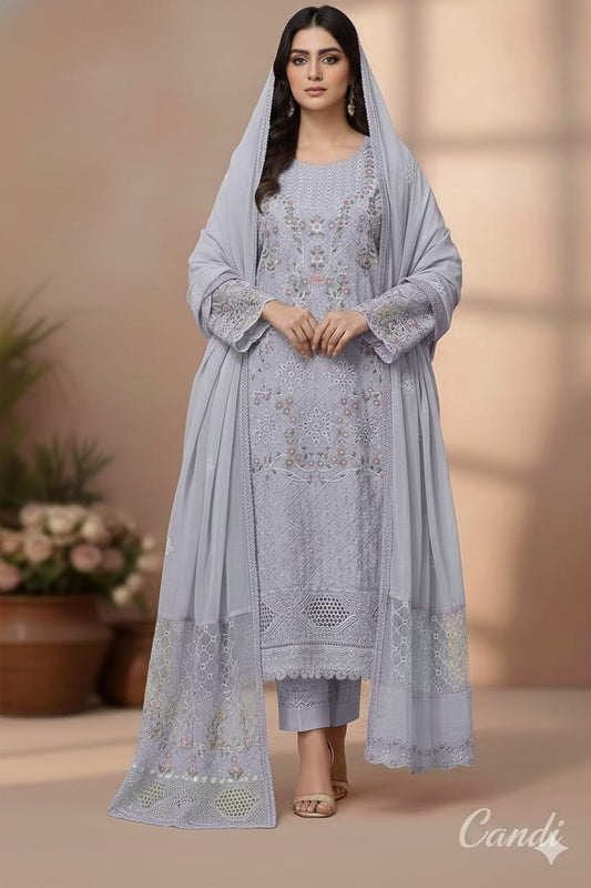 ✨ Soft Mist Grey unstitched Chikankari suit Set ✨