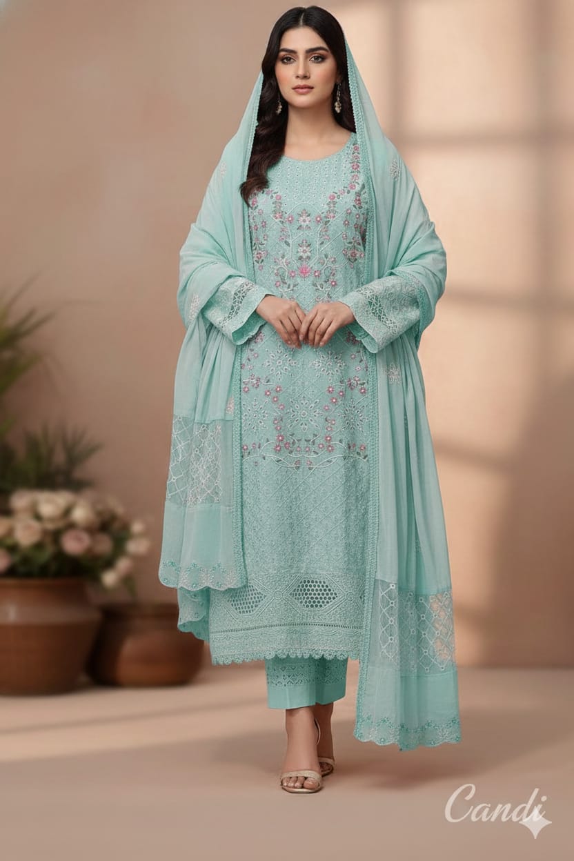 Pastel Sea Green Chikankari Work Unstitched Suit Set 🌸 ✨