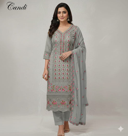 Grey Chikankari Work Unstitched Suit Set 🌸
